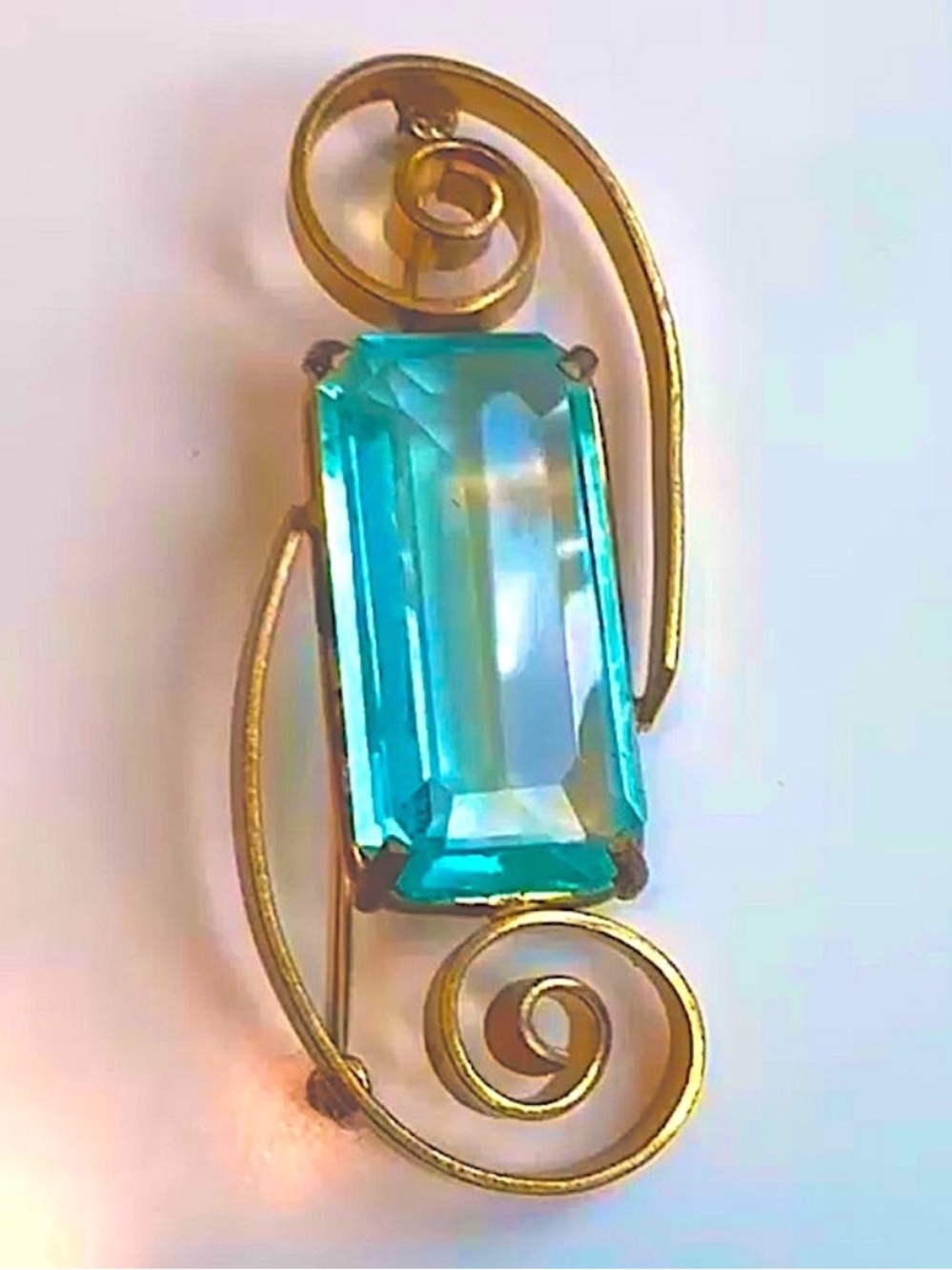 3x2 Brooch Blue Aquamarine Emerald Cut faux Vintage Gold Tone